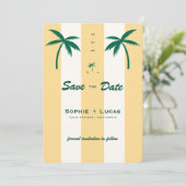 Retro Palmbomen Monogram Tropisch Strand Bruiloft Save The Date (Staand voorkant)
