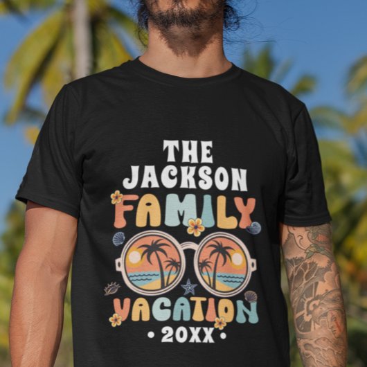Retro palmbomen zonnebril groovy familie vakantie t-shirt