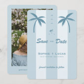 Retro Palmboom Monogram Tropisch Strand Bruiloft Save The Date (Voorkant / Achterkant)