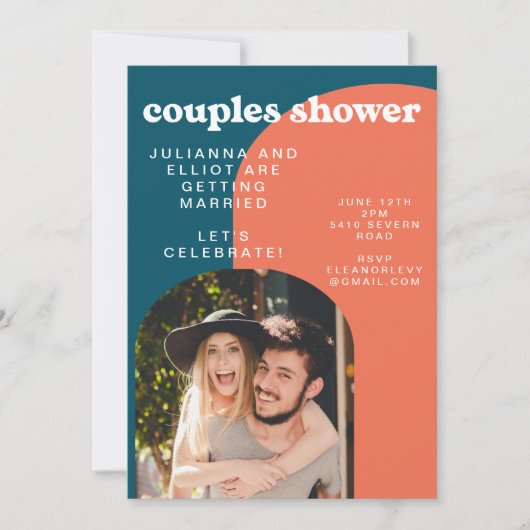 Retro Papaja en Pauwblauw Foto Koppel Bruisfeest Kaart (Voorkant)