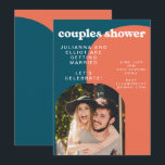 Retro Papaja en Pauwblauw Foto Koppel Bruisfeest Kaart<br><div class="desc">Kleurrijke en leuke koppel bruisfeest uitnodiging in pauwblauw en papaja met een foto van de bruid en bruidegom.</div>