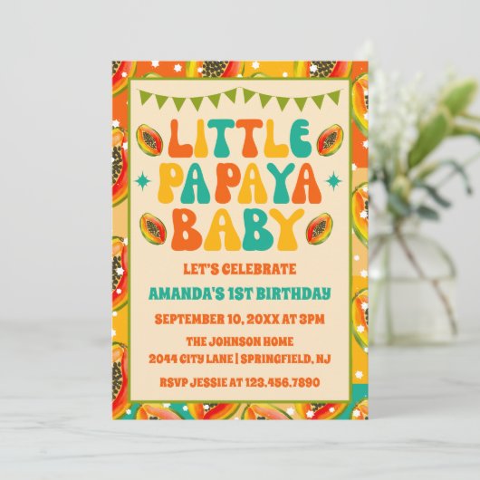 Retro Papaya 1e verjaardagsfeest uitnodiging (Staand voorkant)