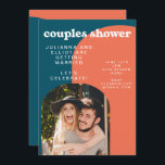 Retro Papaya en Peacock Blue Photo Couples Shower Kaart<br><div class="desc">Kleurrijke en leuke paren douchen de uitnodiging in pauw blauw en papaja met een foto van de bruid en de bruidegom om te zijn.</div>