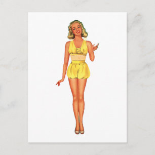 Retro Papieren Pop Lady Gekleed in Geel Briefkaart