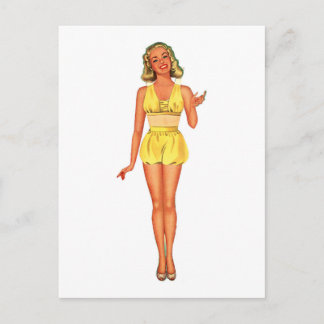 Retro Papieren Pop Lady Gekleed in Geel Briefkaart