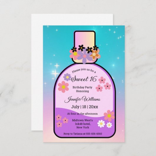 retro parfum zoet 16 holografische sparkles kaart (Voorkant / Achterkant)