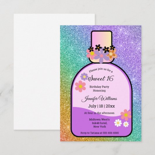 retro parfumfles zoet 16 holografische glitters kaart (Voorkant / Achterkant)