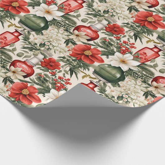  retro parfumflessen Kerstbloemen Cadeaupapier (Hoek)