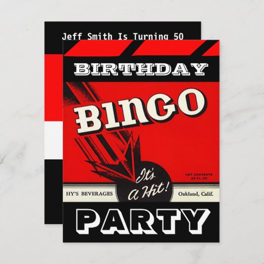 Retro Party Red Black White Bingo Invitations Kaart (Voorkant / Achterkant)