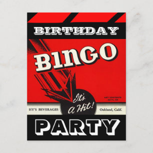 Retro Party Red Black White Bingo Invitations Kaart