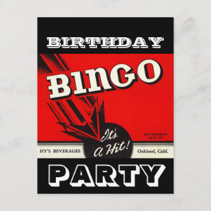Retro Party Red Black White Bingo Invitations Kaart