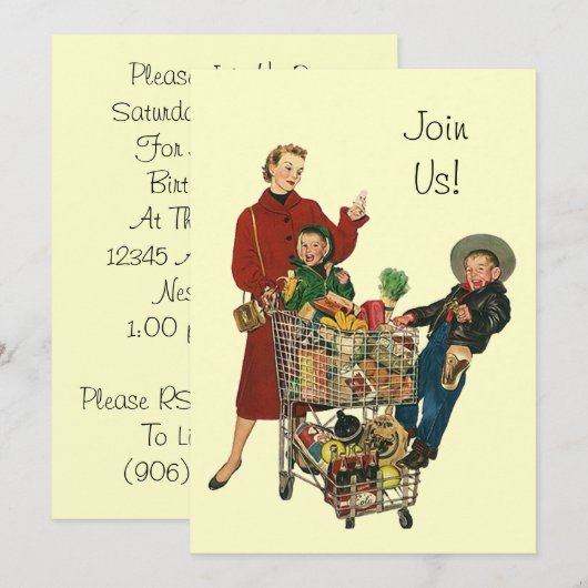 Retro Party Shopping Grocery Cart Volledige uitnod Kaart (Voorkant / Achterkant)