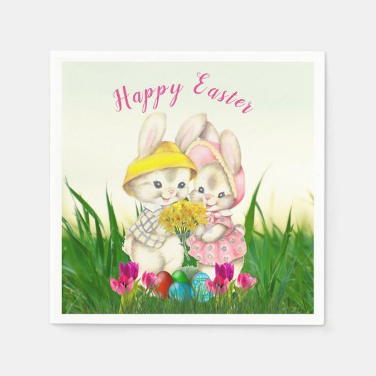 Retro Pasen Bunnies met lentevloeren / Partij Servet (Voorkant)