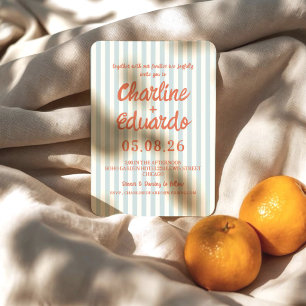 Retro Pastel Blauw Gestreepte Moderne Vintage Huwe Kaart