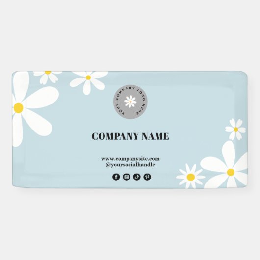 Retro Pastel Blauw Wit Daisy Business Logo Event Spandoek (Horizontaal)