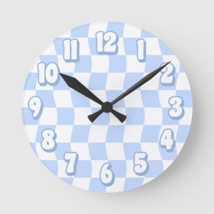 Retro Pastel Blauw Wit Wavy Checker Ronde Klok