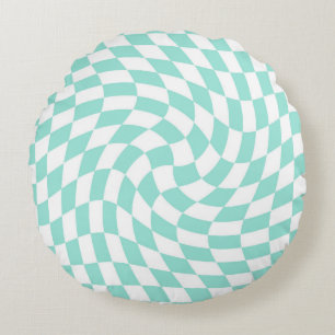 Retro Pastel Blue White Warped Check Checkered Rond Kussen