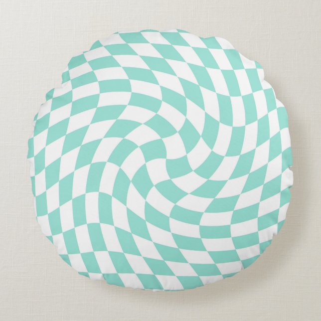 Retro Pastel Blue White Warped Check Checkered Rond Kussen (Voorkant)