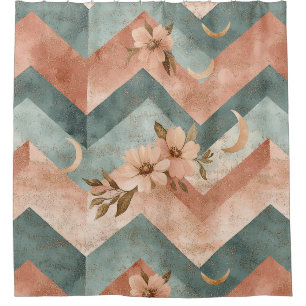 Retro Pastel Chevron met Bloemen en Manen Douchegordijn