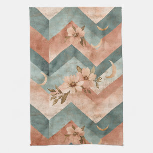Retro Pastel Chevron met Bloemen en Manen Theedoek