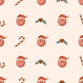 Retro Pastel Christmas Smile Emoticons Groovy 70th Fleece Deken