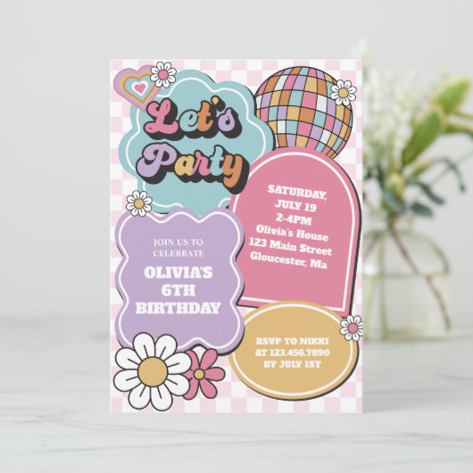 Retro pastel disco bal en madeliefje Verjaardag Kaart (Staand voorkant)