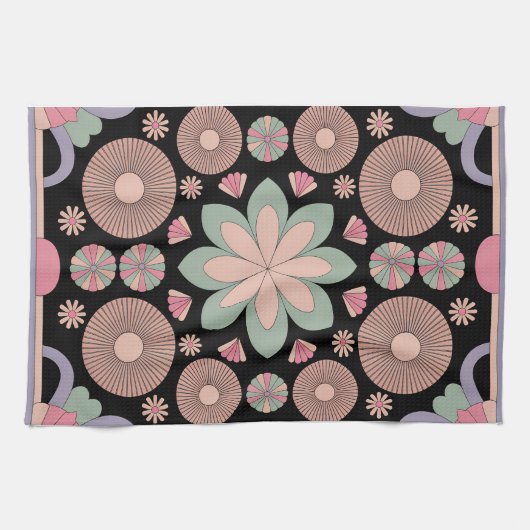 Retro Pastel Floral Mandala Symmetry Theedoek (Horizontaal)