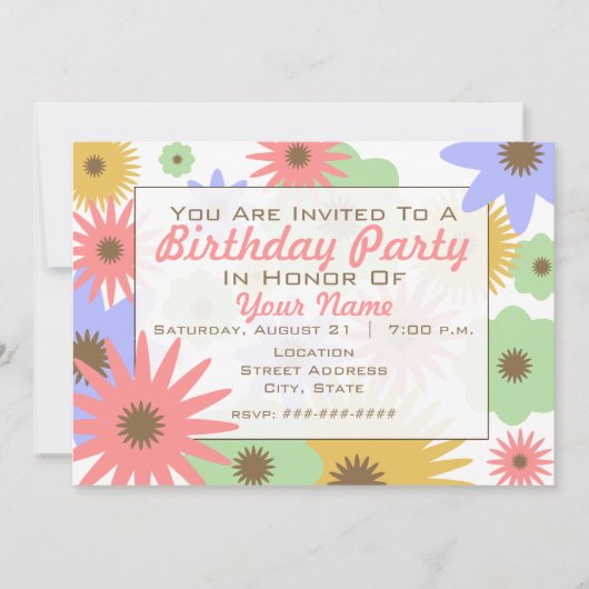 Retro Pastel Flowers Birthday Party Invitation Kaart (Voorkant)
