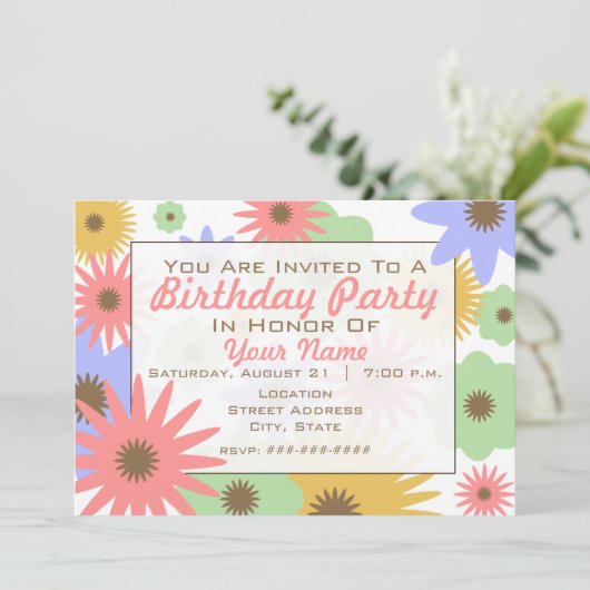 Retro Pastel Flowers Birthday Party Invitation Kaart (Staand voorkant)