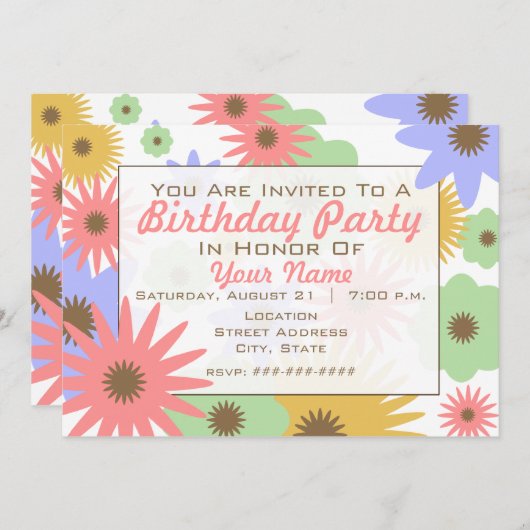 Retro Pastel Flowers Birthday Party Invitation Kaart (Voorkant / Achterkant)