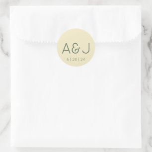 Retro Pastel Geel en Groen Monogram Bruiloft Ronde Sticker