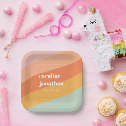 Retro pastel geometrische aangepaste bruiloft munt papieren bordje (Feest)