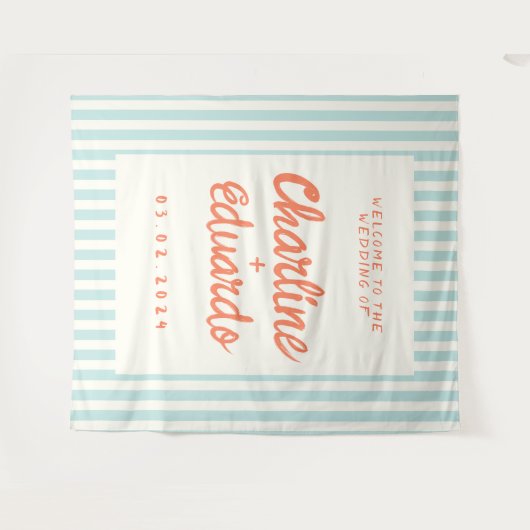 Retro pastel gestreepte bruiloft wandkleed (Voorkant (horizontaal))