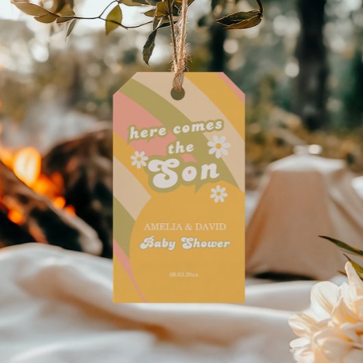 Retro Pastel Gestreepte Groovy Baby Shower voor ee Cadeaulabel