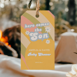 Retro Pastel Gestreepte Groovy Zoon Blauw Cadeaulabel