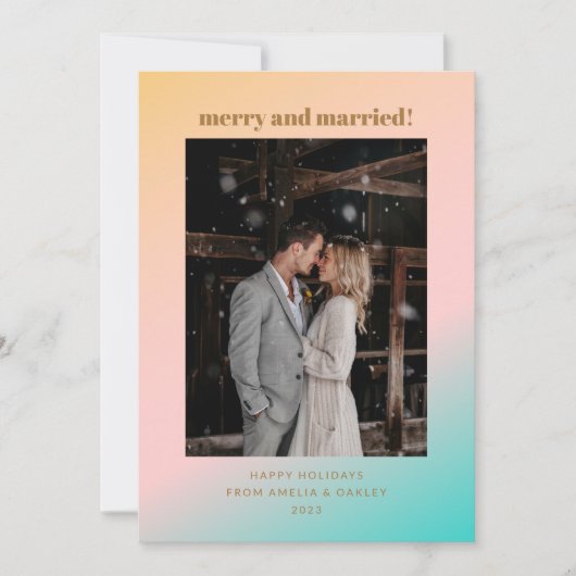 Retro Pastel Gradiënt Merry Married Wedding Foto Feestdagenkaart (Voorkant)