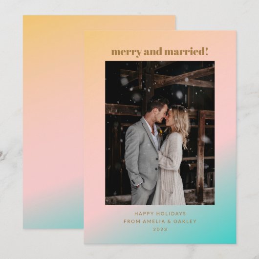 Retro Pastel Gradiënt Merry Married Wedding Foto Feestdagenkaart (Voorkant / Achterkant)