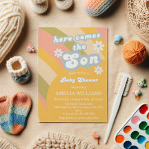 Retro Pastel Groovy Hier Komt de Zoon Baby Shower