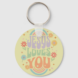 Retro Pastel “Jezus Houdt van Jou” Christelijk Des Sleutelhanger