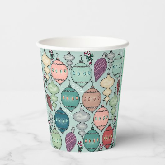 Retro Pastel Kerst Ornamenten op Blauwgroen Papieren Bekers (Achterkant)