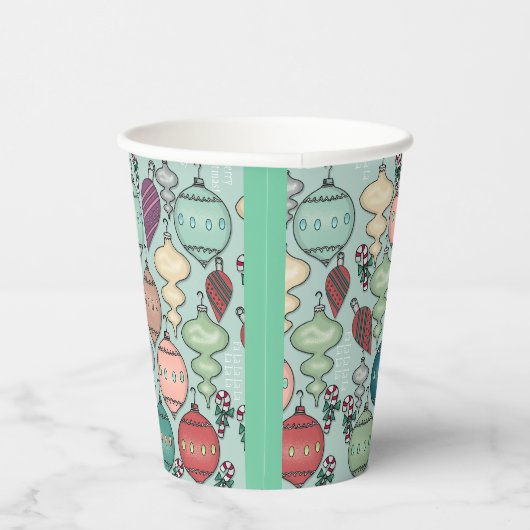 Retro Pastel Kerst Ornamenten op Blauwgroen Papieren Bekers (Rechts)