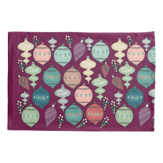 Retro Pastel Kerst Ornamenten op Pruim Kussensloop (Achterkant)