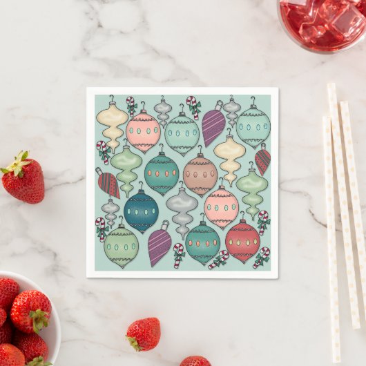 Retro Pastel-kerstversieringen op Opal Blue Servetten (Insitu)