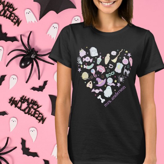 Retro pastel kleuren Ik hou van Halloween leraar T-shirt