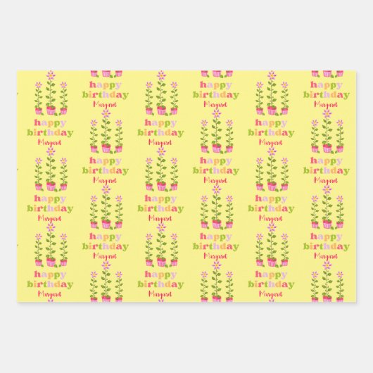 Retro Pastel Kleurrijke Bloemen Gepersonaliseerde  Inpakpapier Vel (Voorkant 3)