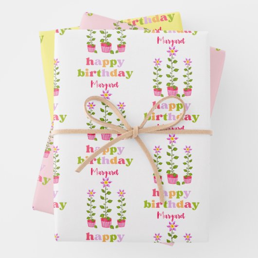 Retro Pastel Kleurrijke Bloemen Gepersonaliseerde  Inpakpapier Vel (In situ)