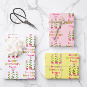 Retro Pastel Kleurrijke Bloemen Gepersonaliseerde  Inpakpapier Vel