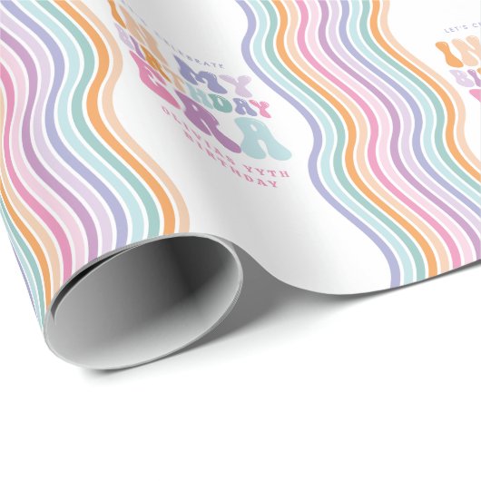 Retro pastel kleurrijke moderne verjaardagstijd cadeaupapier (Rol Hoek)