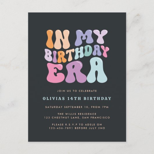 Retro pastel kleurrijke moderne verjaardagstijd uitnodiging briefkaart (Voorkant)
