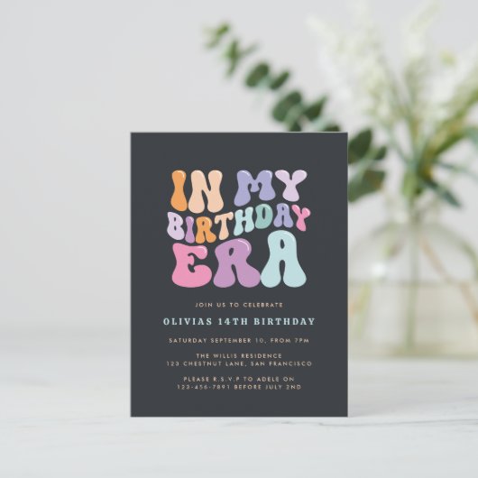 Retro pastel kleurrijke moderne verjaardagstijd uitnodiging briefkaart (Staand voorkant)